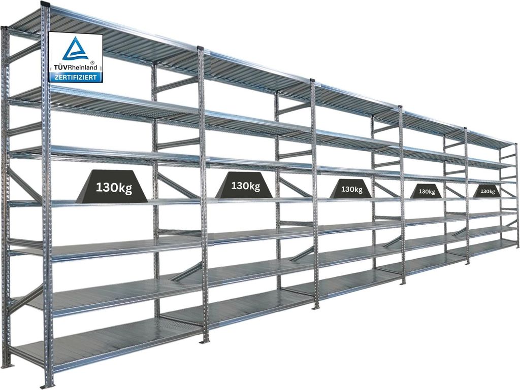 Fachbodenregal PROXIMO mit Stecksystem | Komplettregal | HxBxT 240x750x60cm | 7 Ebenen | Beidseitig nutzbar | Verzinkt