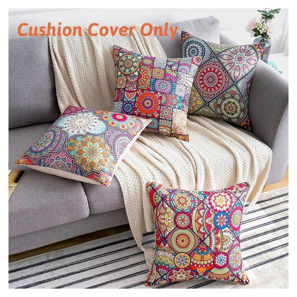 Dekorativer Kissenbezug 40x40cm 4er Set Hippie Böhmisches Mandala Blumenmuster Baumwolle Leinen für Sofa Schlafzimmer Café Buchladen Verein Bür...