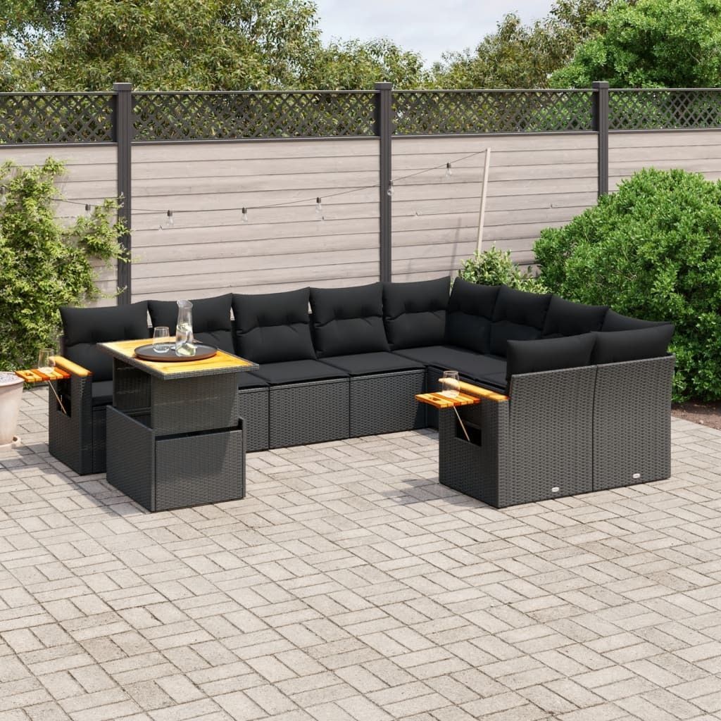 Design 10-tlg. Garten-Sofagarnitur mit Kissen Schwarz Poly Rattan, Gartenmöbel-Sets 2024 Neu