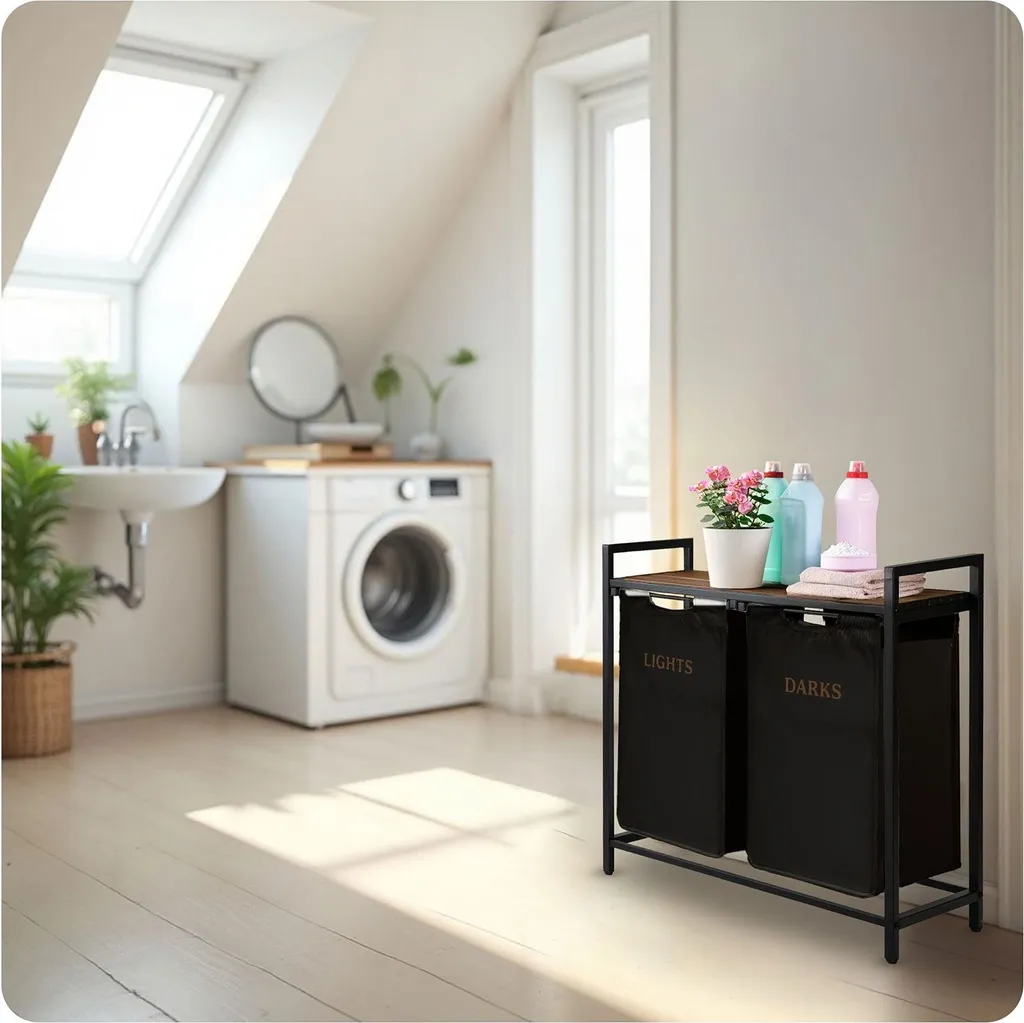 Panier à linge 2 compartiments 80L Massido châssis robuste design noir - 9