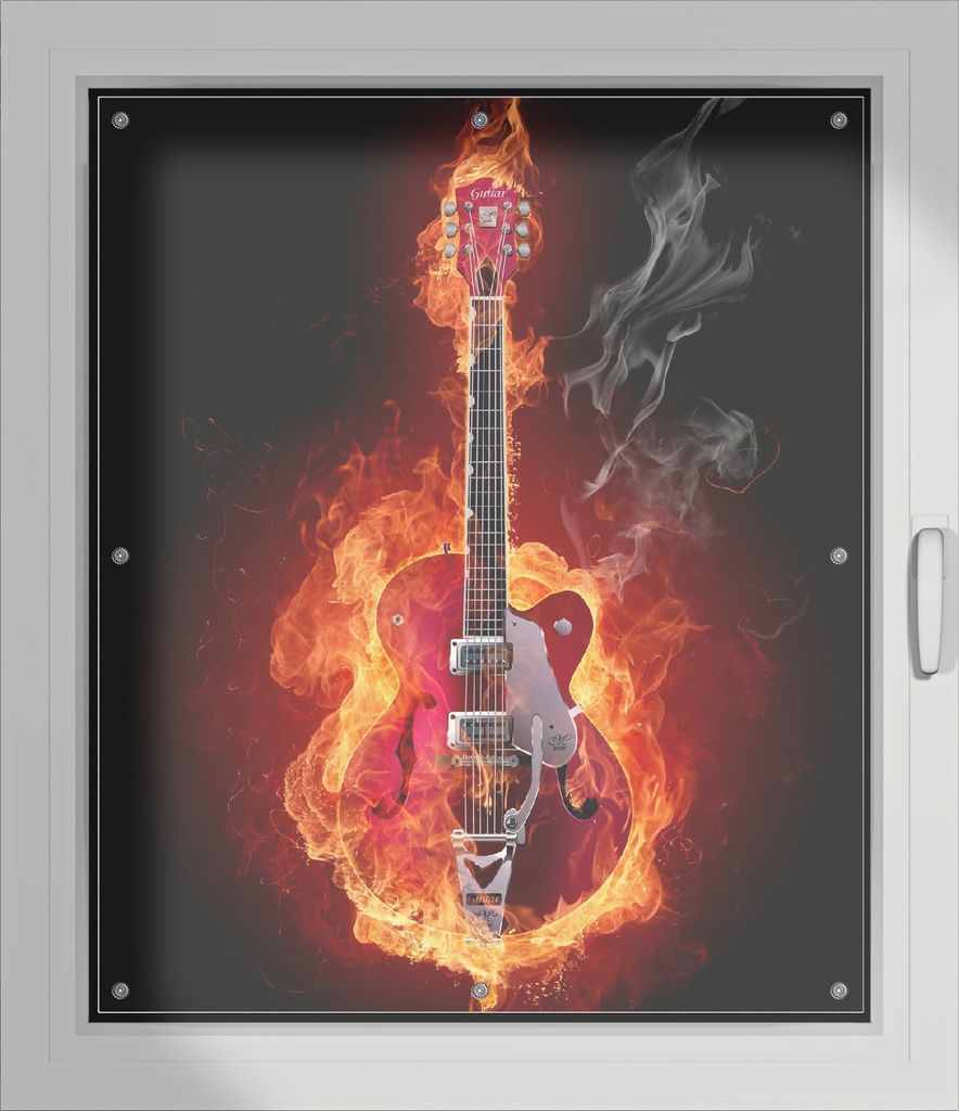 Wallario Lichtschutzbild, Dekorativer Sichtschutz Sonnenschutz 96 x 115 cm mit Motiv: Brennende Gitarre - Verdunklung ohne Bohren