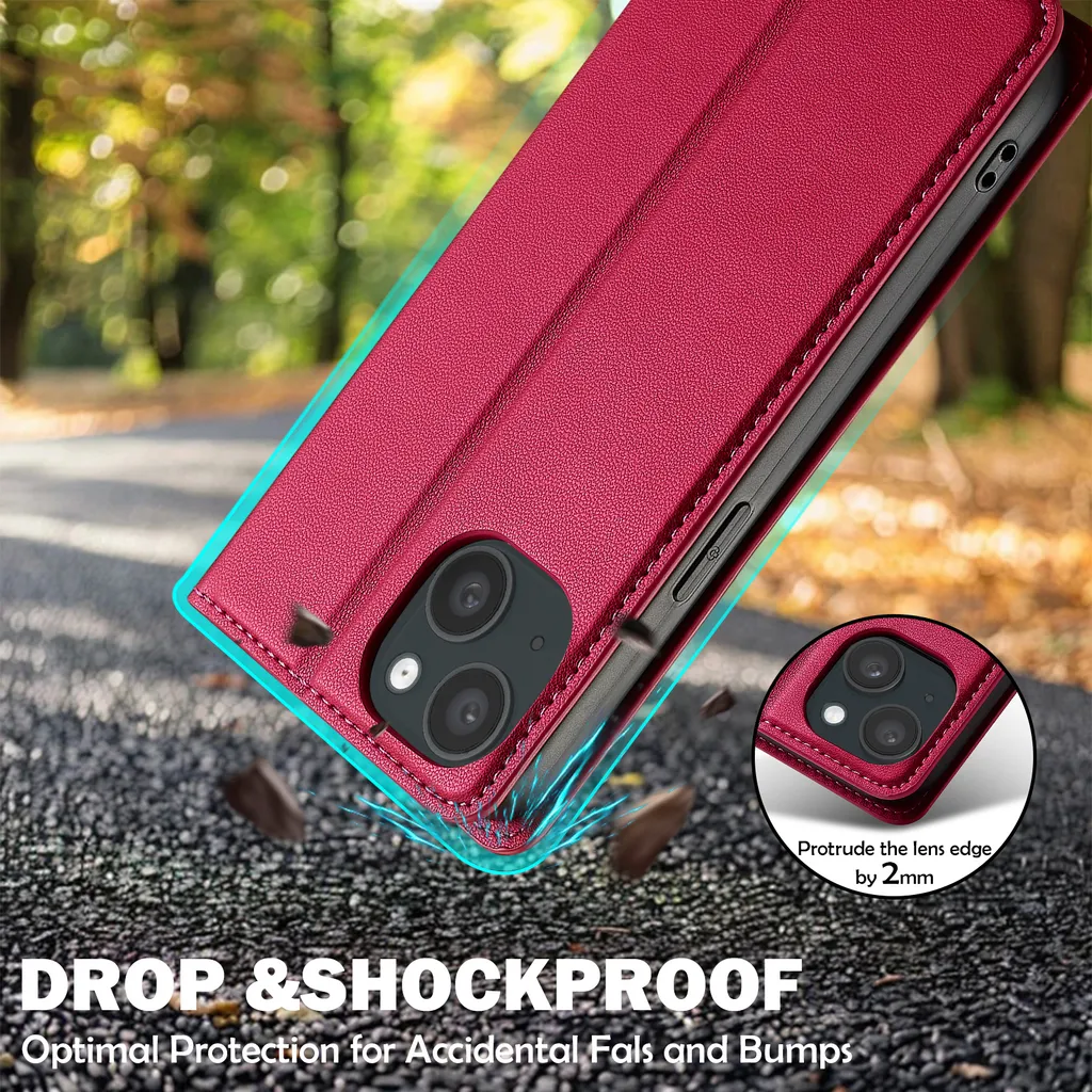 Custodia iPhone 15 Pelle Rossa Magnetica Flip - Protezione Elegante - 8