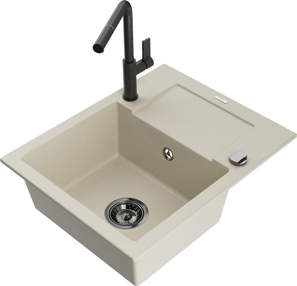 Mexen Enzo 1 Becken-Granitspüle mit Abtropffläche und Mischbatterie Flora, Beige - 6506-69-670401-70-B
