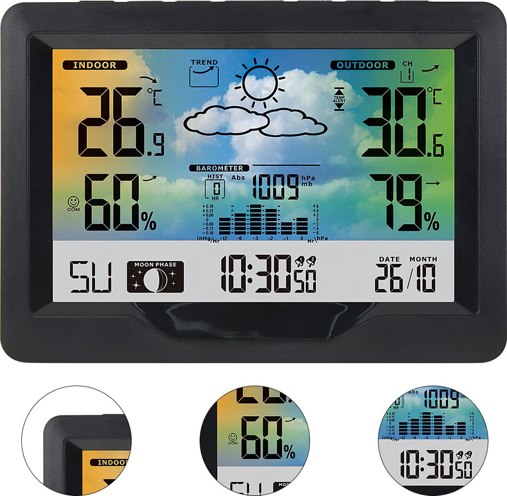 Drahtloser Wetterstation Wecker – Wettervorhersage, Temperatur- und Feuchtigkeitsanzeige, Kalender, elektronische Uhr, ideal für Zuhause und Büro.