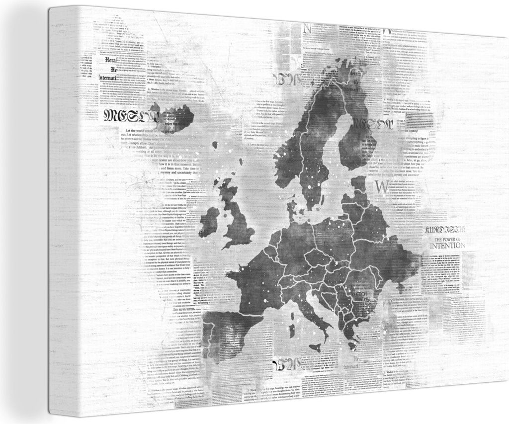 OneMillionCanvasses - Leinwandbilder - 140x90 cm, Europakarte auf Zeitungspapier - schwarz und weiß, Wandbilder Kunstdruck Wanddekoration