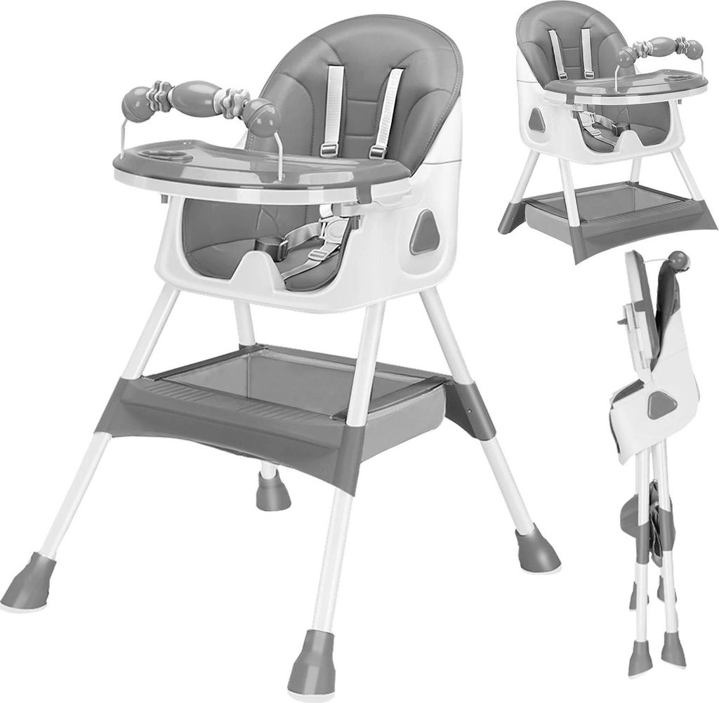 3-in-1 Baby-Hochstuhl - Sitzerhöhung - Klappbar - Tragbar - Doppeltes Tablett - Spielzeughalter - Metallrahmen - 13–24 Monate - Grau