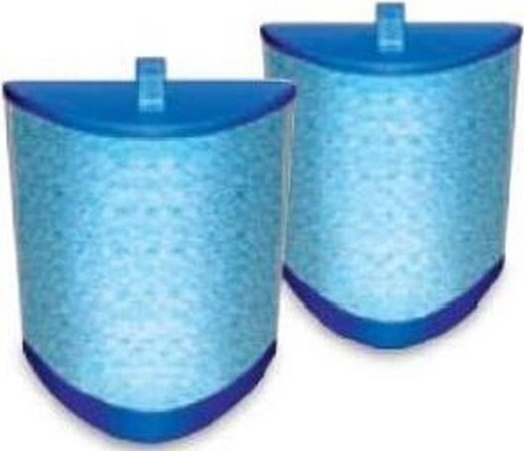 Two blue water filter cartridges are shown side-by-side against a white background.