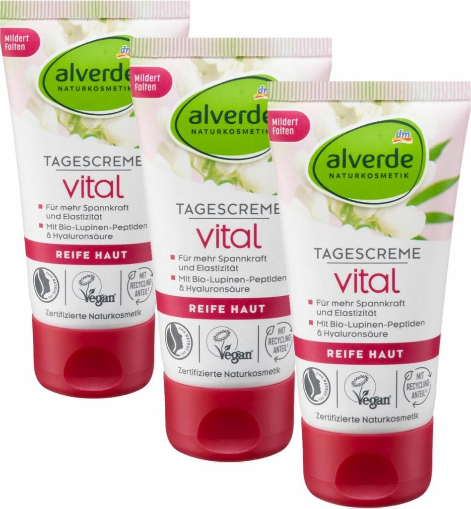 3 x alverde Naturkosmetik - Tagescreme / Gesichtscreme Vital Bio-Lupinen-Peptide (3 x 50 ml)
