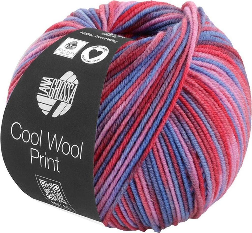 Lana Grossa COOL WOOL PRINT 50 g pflegeleichtes Strickgarn aus extrafeiner Wolle 160 m Farbe 836 - Tomate/Fliederrosa/Tauben-/Veilchenblau/ Wein-...