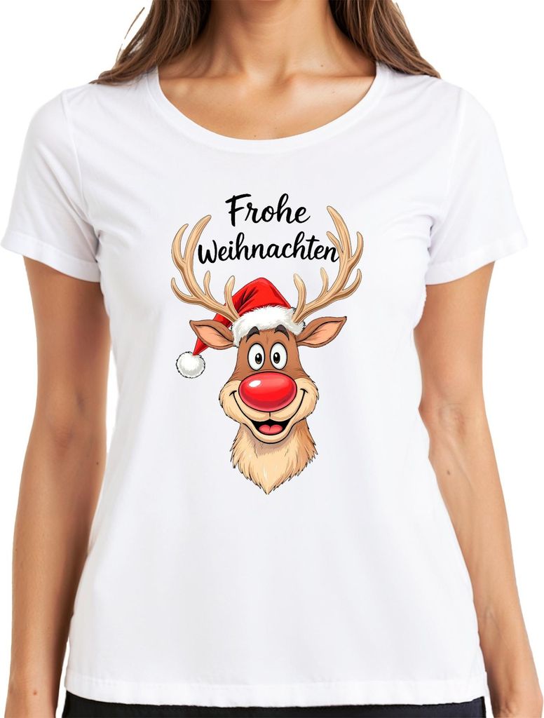 Frohe Weihnachten Rentier Rudolph Rotnase Nikolaus Mütze Lustig Damen T-Shirt, Weiß, XXL