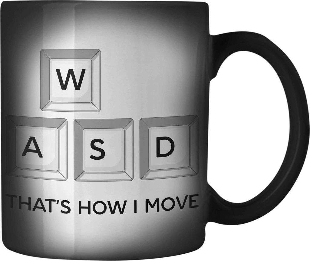 Trendation - Gamer Farbwechsel Zauber-Tasse WASD Geschenk Zocker Jungs Lustiges Dekokissen That's How I Move Gaming PC (Schwarz)