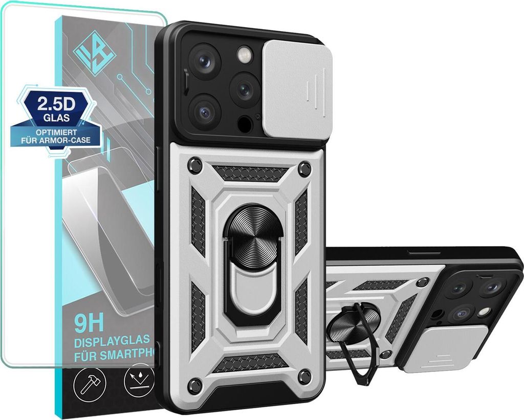 Armor Handyhülle für Apple iPhone 14 Pro Max mit 9H Displayglas Displayschutz Kameraschutz Handy Panzer Case Cover Schutzhülle Outdoor Farbe: Si...
