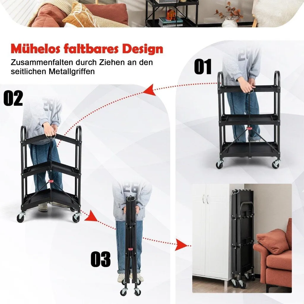 Servante d'atelier pliable à 3 plateaux avec roulettes multidirection - 4