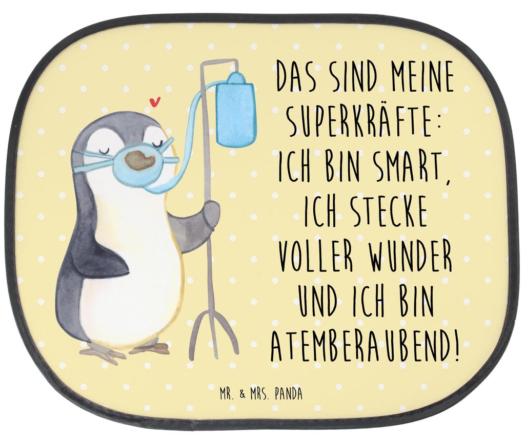 Mr. & Mrs. Panda Sonnenschutz für Auto Pinguin Sauerstoff - Gelb Pastell - Geschenk, Autoscheibe, Sauerstofftherapie, Sonnenblende, Sauerstoffgerät
