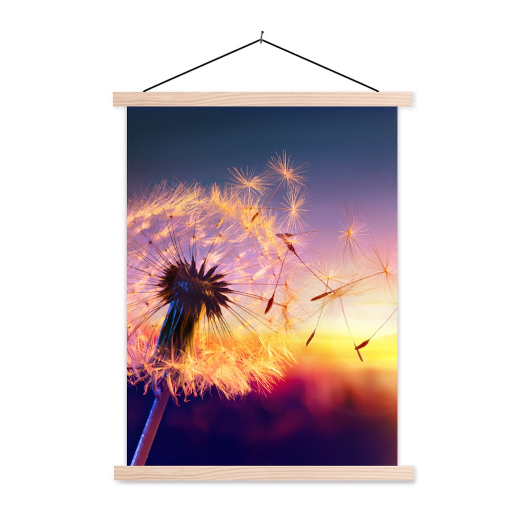 MuchoWow Textilposter Löwenzahn - Blumen - Sonnenuntergang - Horizont - Nacht 60x80 cm mit holzfarbenen Rahmen - Wandbild