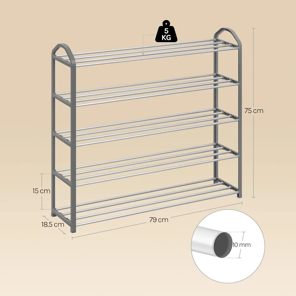 Range-chaussures étroit spécial petits espaces, étagère acier 5 niveaux
