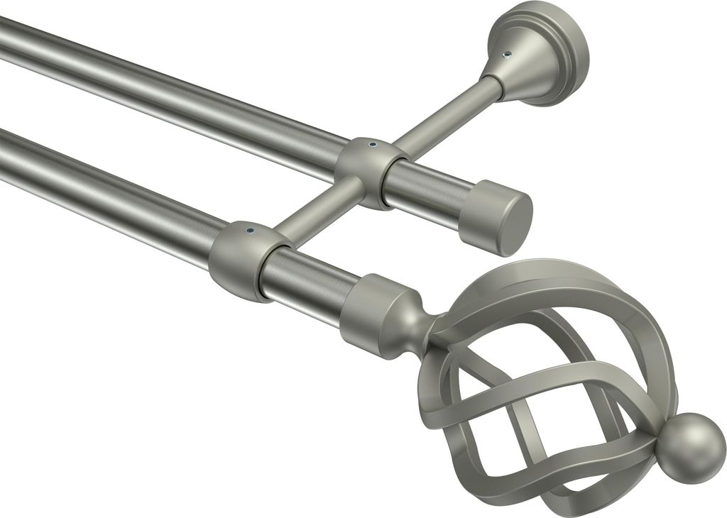 Interdeco Gardinenstange / Vorhangstange Edelstahl-Optik / Chrom matt, Typ Primus Paolo (Schmiedekugel), 16 mm Ø 2-läufig, 480 cm