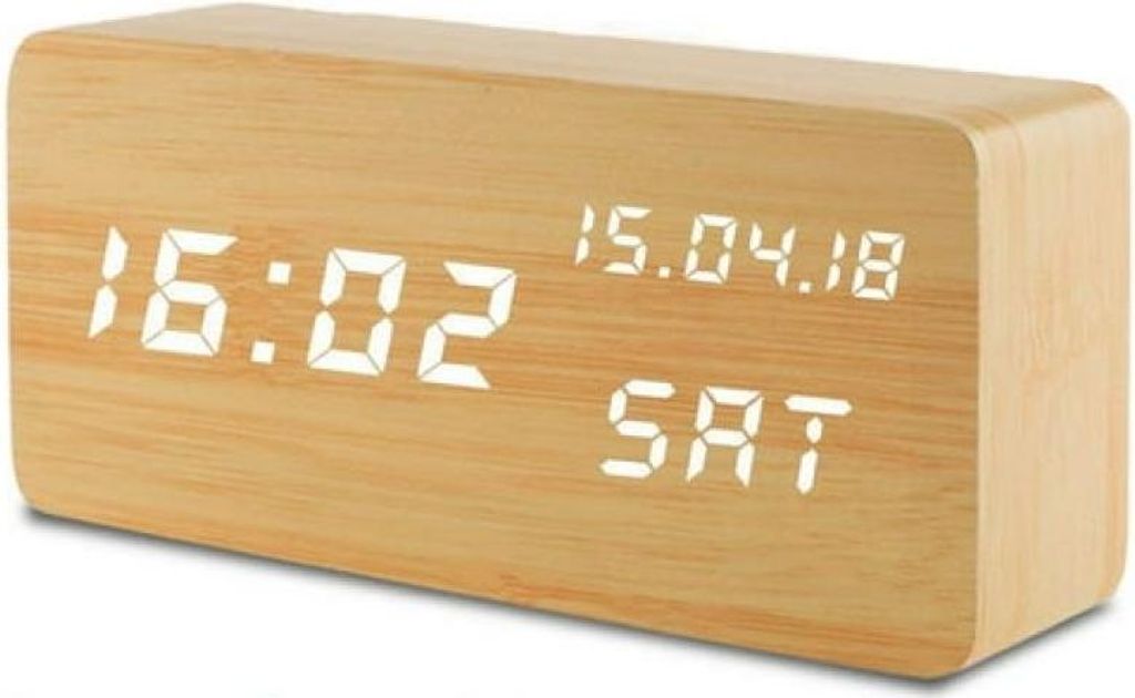 Digitaler Wecker, Tischuhr aus Holz mit 3 Alarmen, 3 Helligkeitsstufen, Sprachsteuerung, LED-Anzeige, Temperatur- und Feuchtigkeitsanzeige, Mini-Re...