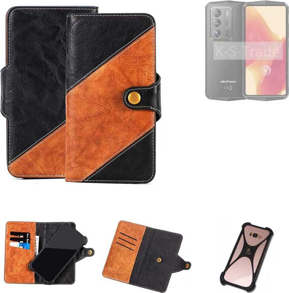 K-S-Trade Handyhülle Schutzhülle Bookstyle Case Wallet-Case kompatibel mit Ulefone Armor 23 Ultra Handy Cover Bumper Klapphülle schwarz hellbraun