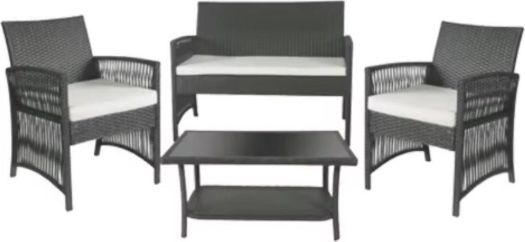 4-teiliges Rattan-Loungeset für Garten, Terrasse & Balkon – Mit Kissen und Glastisch – Dunkelgrau