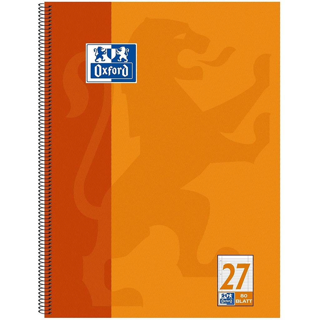 A close-up view of an orange Oxford college block notebook with a spiral binding on the left side.