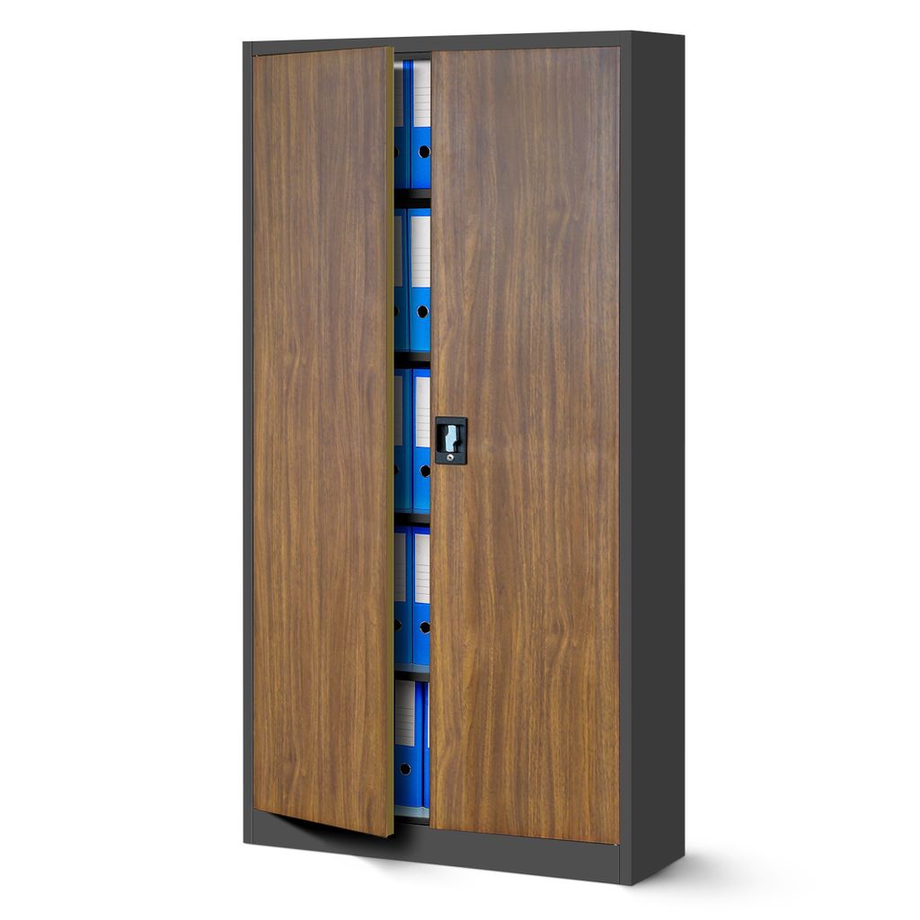 A closed filing cabinet with two doors, showing a wood-grain finish on the doors and a gray metal frame.