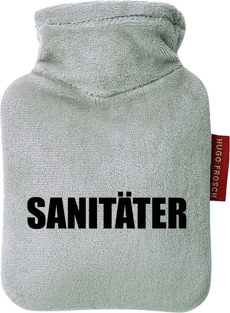 Huuraa Mini-Wärmflasche Sanitäter Schriftzug 0,2 Liter Grey Mini Veloursbezug Taschenwärmer Geschenkidee