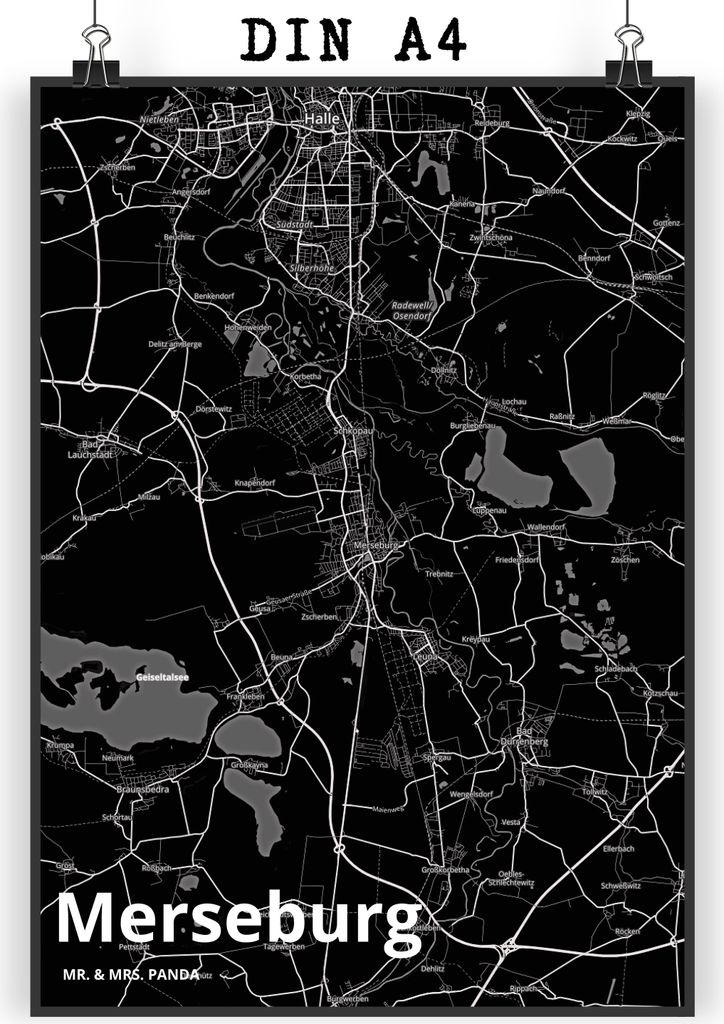 Mr. & Mrs. Panda Bild Merseburg DIN A4 - Geschenk, Stadt Dorf Karte Landkarte Map Stadtplan, drucke, Plakat, Posterdruck, wanddeko, Deko