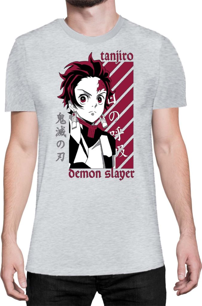 Herren T-Shirt Demon Anime Slayer Kimetsu No Yaiba Tanjiro Kamado 009, Man 3XL / Grau