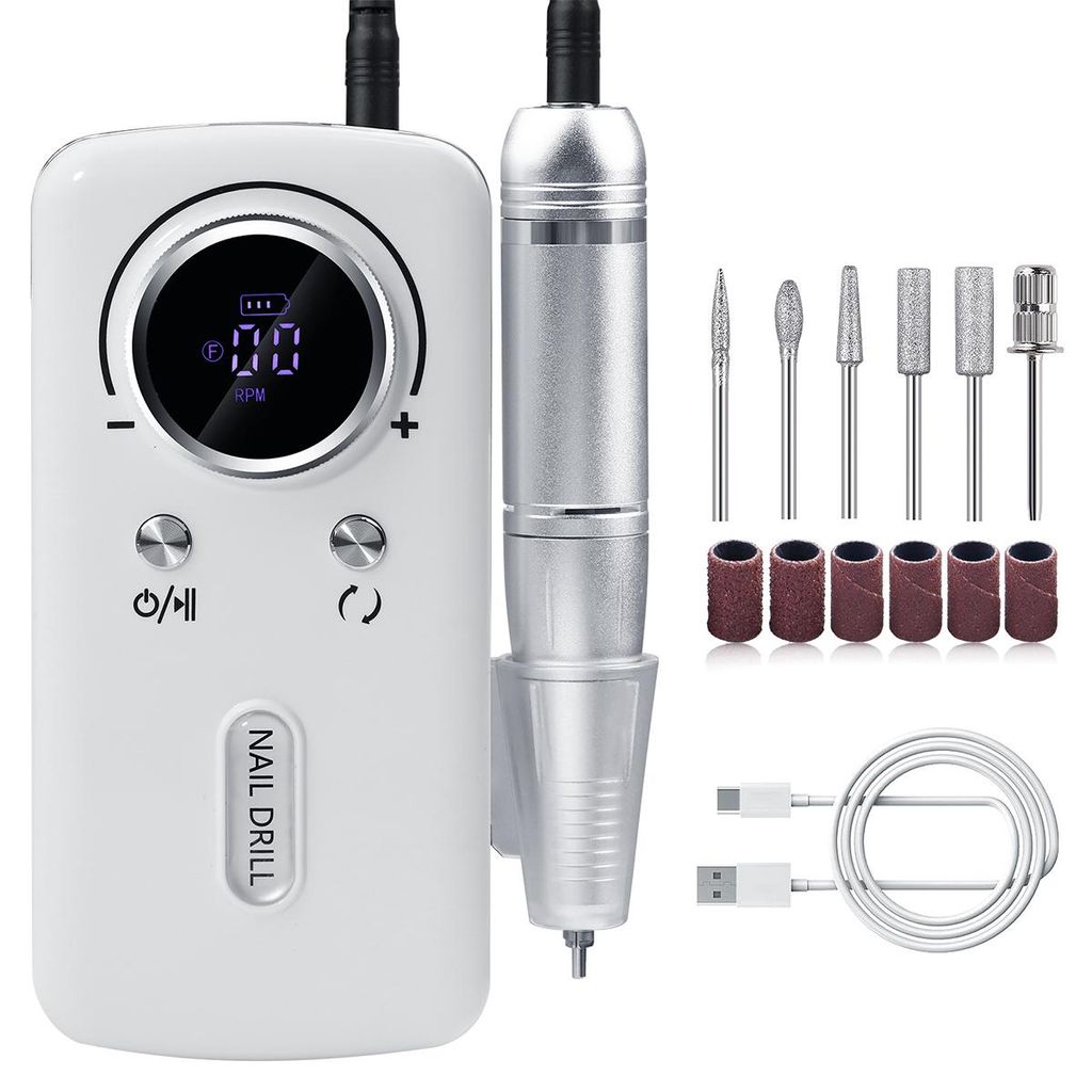 Polierfeile 45000 RPM Elektrische Nagelfräser, Tragbar mit LCD-Anzeige 6 Metall-Polierkopf, Weiss