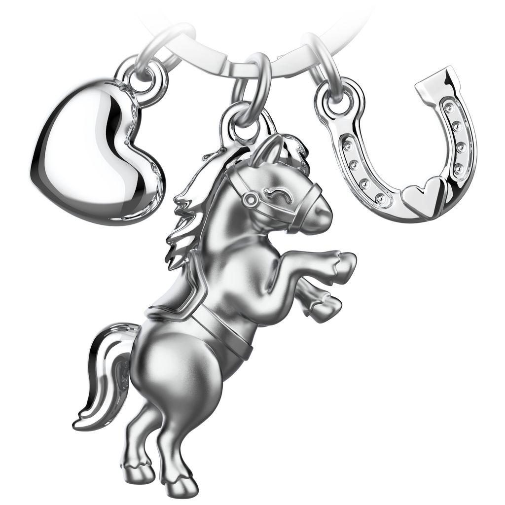 "Pony" Pferd Schlüsselanhänger mit Herz und Hufeisen in Silber - Glücksbringer Geschenk für Pferdeliebhaber