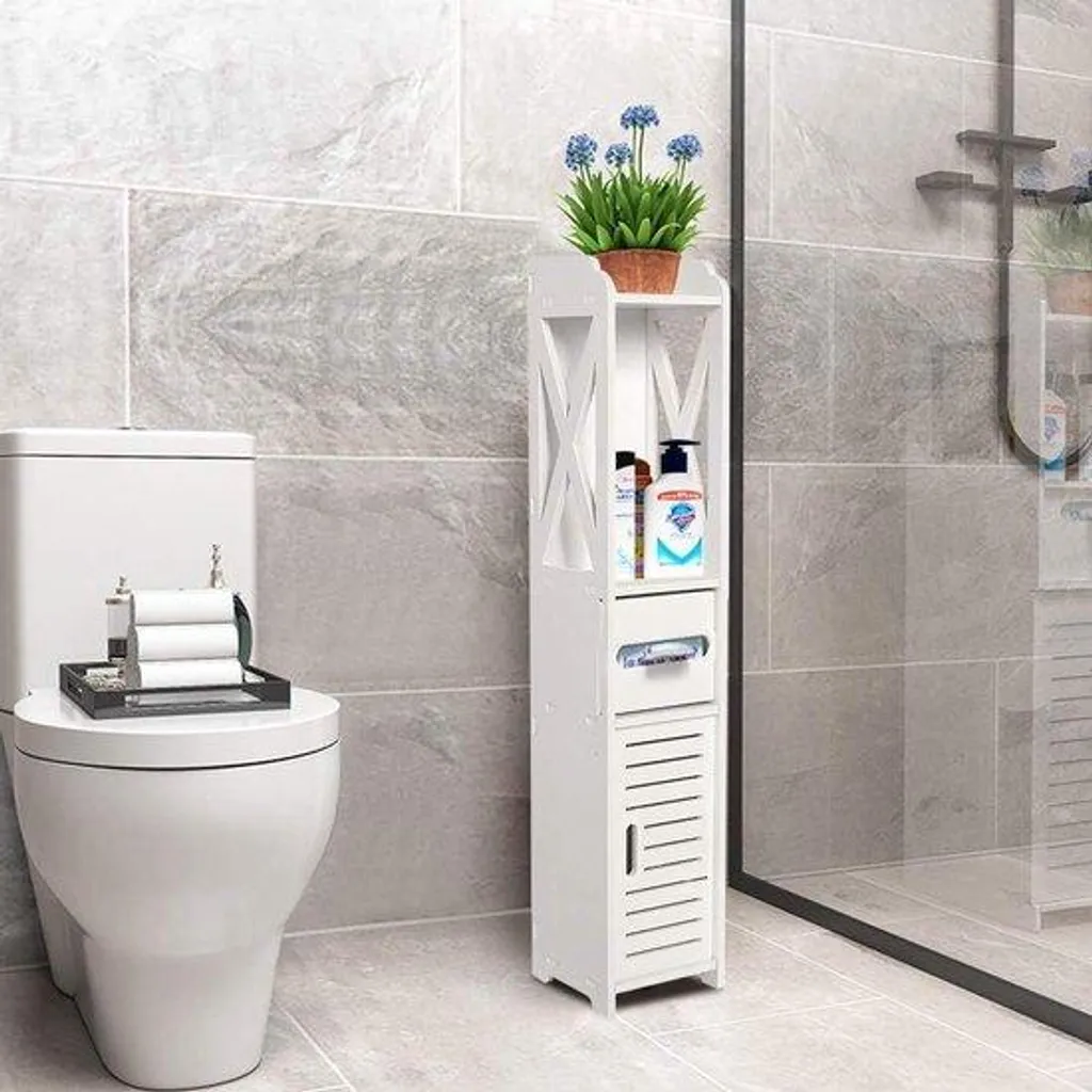 Colonne de rangement salle de bain étroite bois blanc avec porte-rouleau