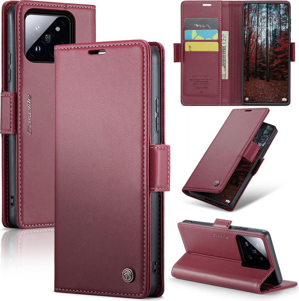 Xiaomi 14 Hülle, Leder Brieftasche Kartenfach Schutzhülle mit Standfunktion für Xiaomi 14 Rot