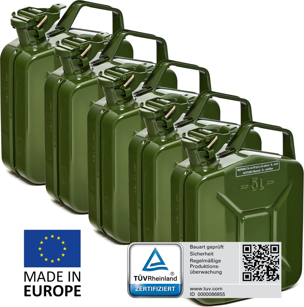BW Kraftstoffkanister Metall Benzinkanister 5x 5 Liter - Olivegrün RAL 6003 - UN-Zulassung - Hergestellt in Europa