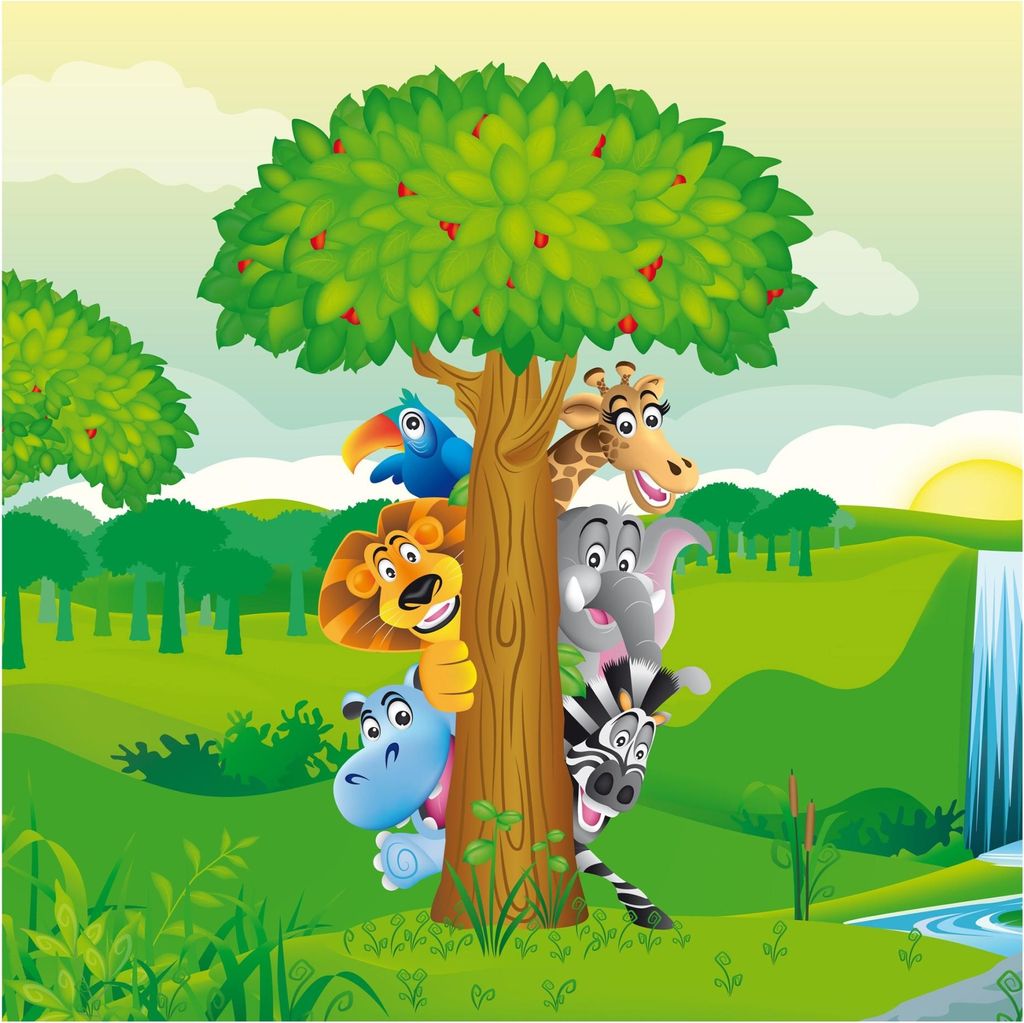 Fototapete Wald - Vliestapete - Bildtapete UV-beständig Elefant bunt Illustration Wandtapete geruchsfrei