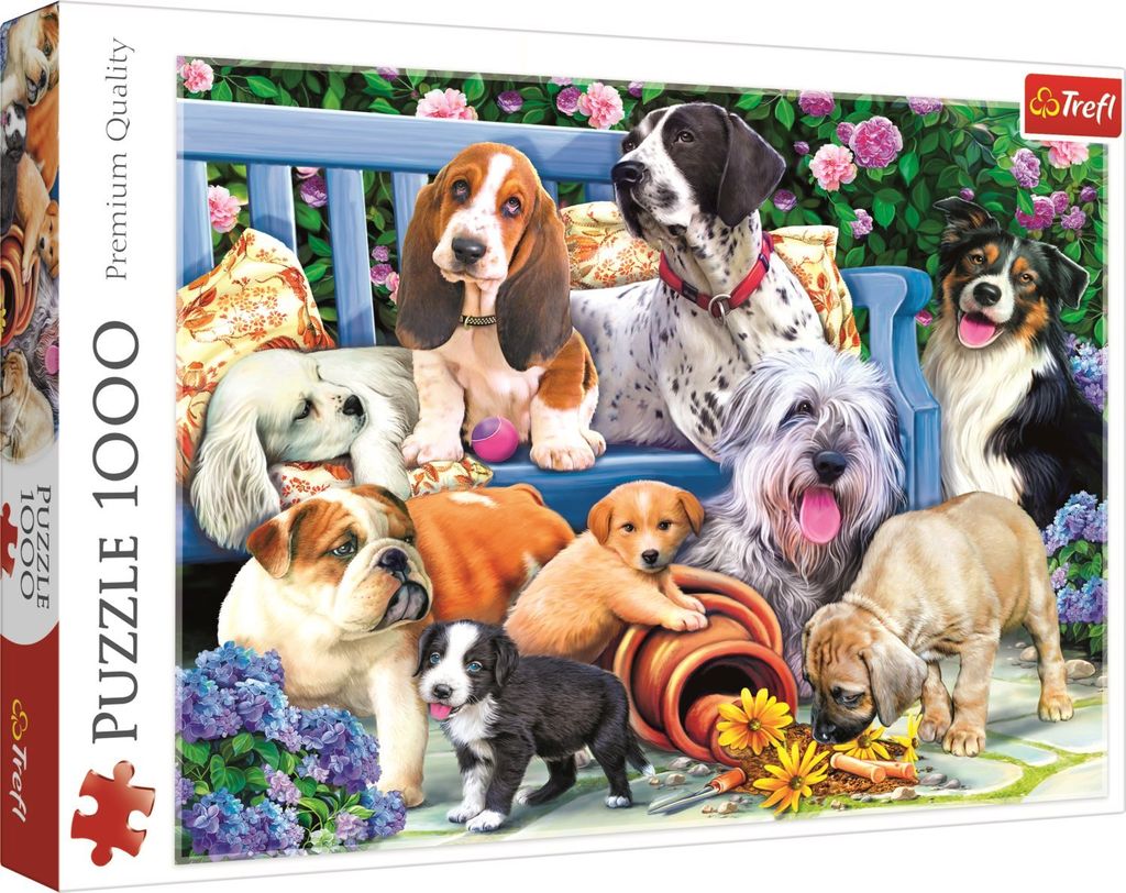 Puzzle 1000 Teile Hunde im Garten Produktbild 