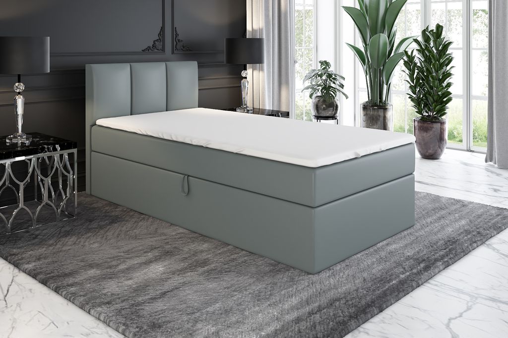 Boxspringbett, Jugendbett NASI 100x200 (Rechts) mit Bettkästen, Bonell-Matratze und Topper. Farbe: Grau.