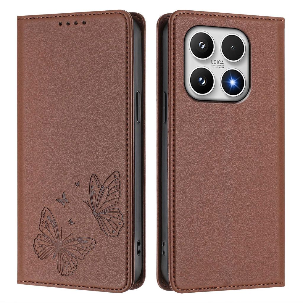 Lederhülle für Xiaomi 17, Schmetterling Prägung Leder Brieftasche Schutzhülle mit Ständer Braun