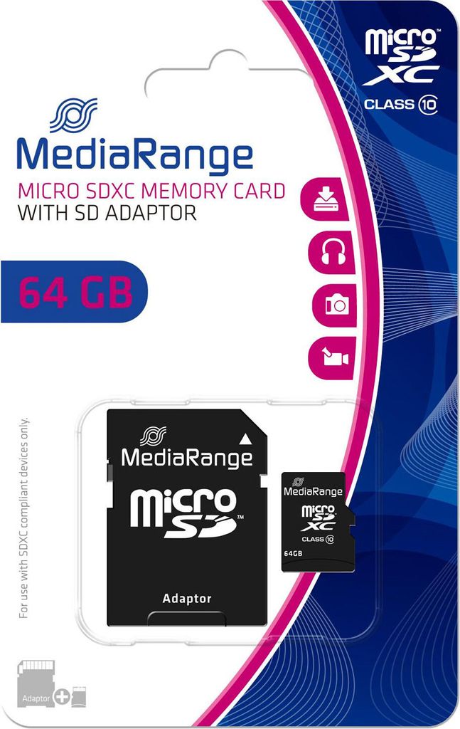 MediaRange SD MicroSD Card 64GB SD CL.10 inkl. Adapter Produktbild 