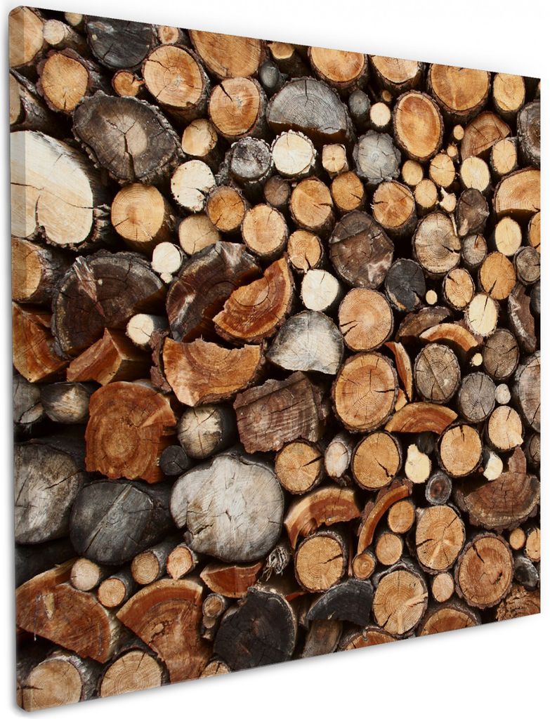 Wallario Premium Leinwandbild Dunkler Holzstapel rund in Größe 50 x 50 cm