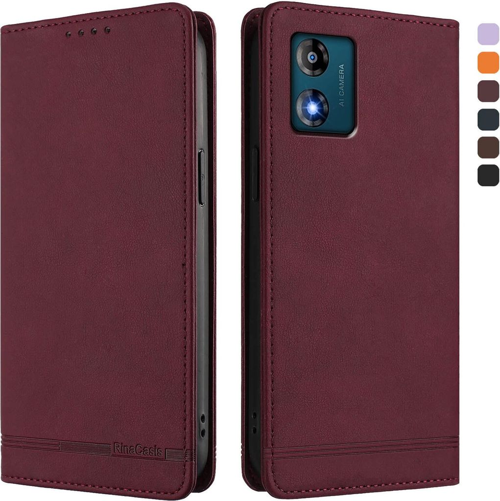 Hülle für Motorola Moto E13, Retro Kunstleder Ständer Klapphülle mit Kartenfächer und Magnetische Rot