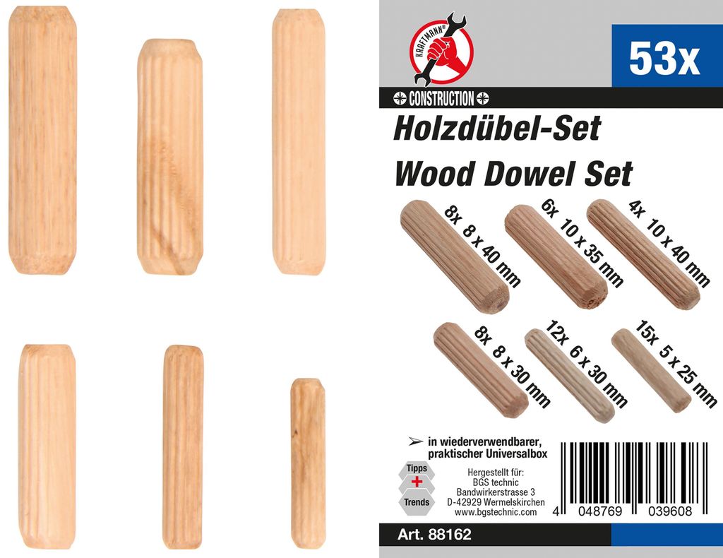 BGS technic Wooden Dowel Assortment, 74 mm, 74 g