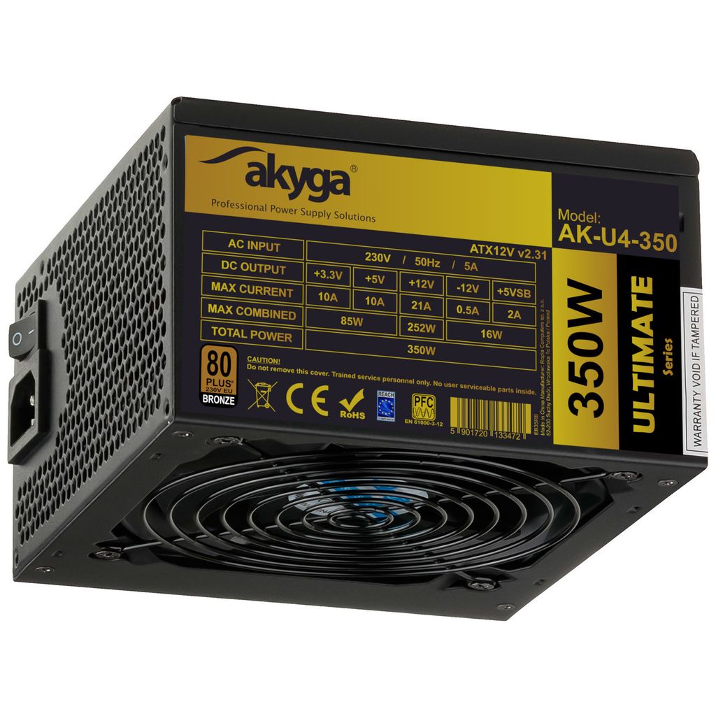 Akyga AK-U4-350 Zasilacz ATX 350W 80+ Bronze APFC P8 4+4p PCI-E 4x SATA 2x Molex