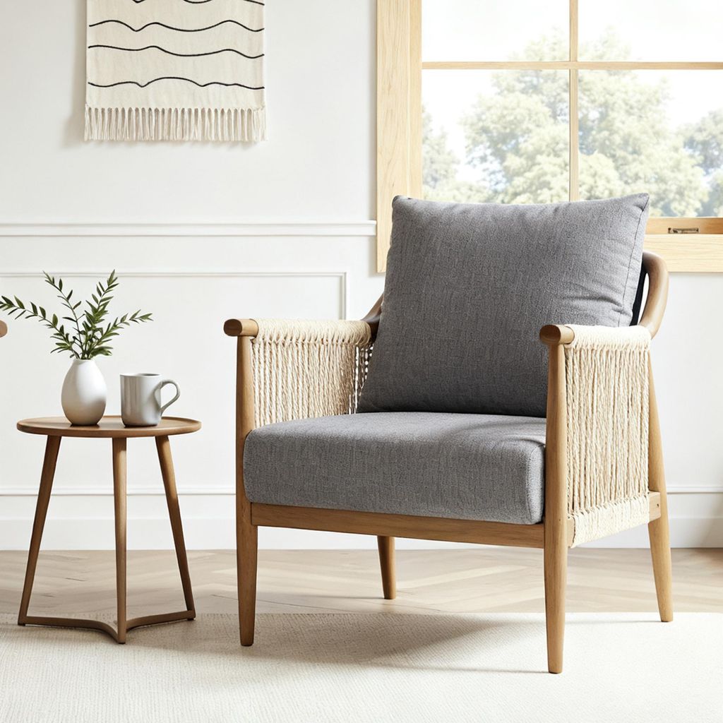 FLEXISPOT Gartenstuhl handgeflochten, Vielseitiger Indoor & Outdoor Stuhl mit komfortablen Kissen, Boho Rattanstuhl mit atmungsaktivem Design Grau