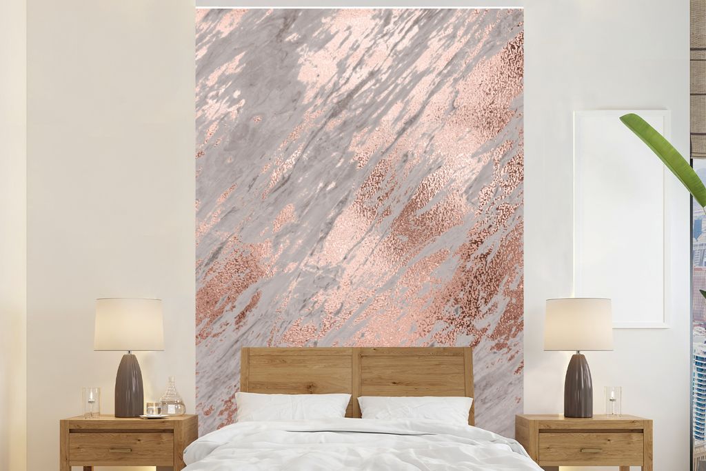 MuchoWow Fototapete für Wohnzimmer oder Schlafzimmer Wandtapete Vinyl Motivtapete Marmor - Grau - Rosa - Gold - 155x240 cm - Tapete