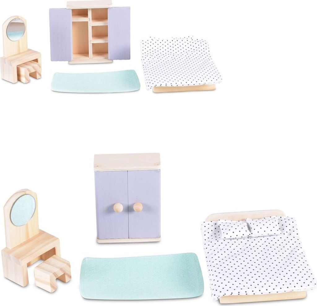 Moni Holz-Puppenmöbel Schlafzimmer 4012 Bett Schrank Schminktisch Stuhl Zubehör bunt