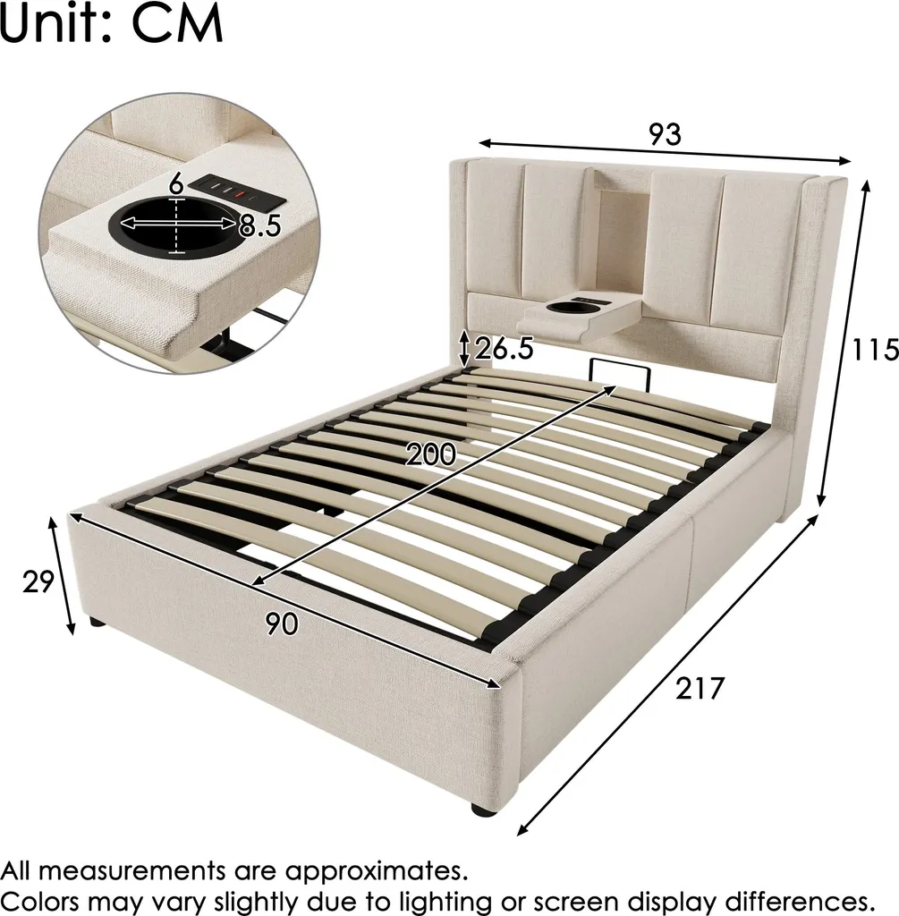 Lit Coffre 90x200 Beige : Solution de Rangement et Recharge USB Directe - 4