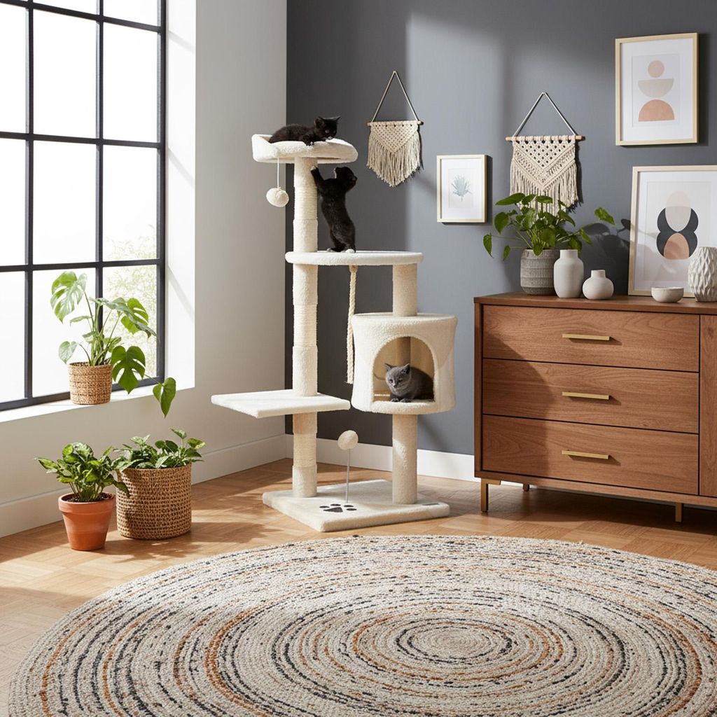 A cat tree with cats on it, placed in a living room setting with plants and a dresser.