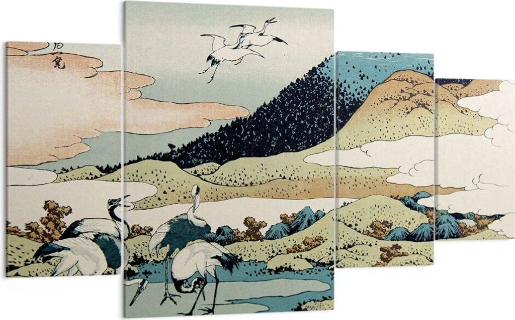 Bild auf Leinwand - Leinwandbild - 4 Teile - Japan Kraniche Bild - 160x90cm - Wand Bild - Wanddeko - Wandbilder - Leinwanddruck - Bilder - Wanddeko...