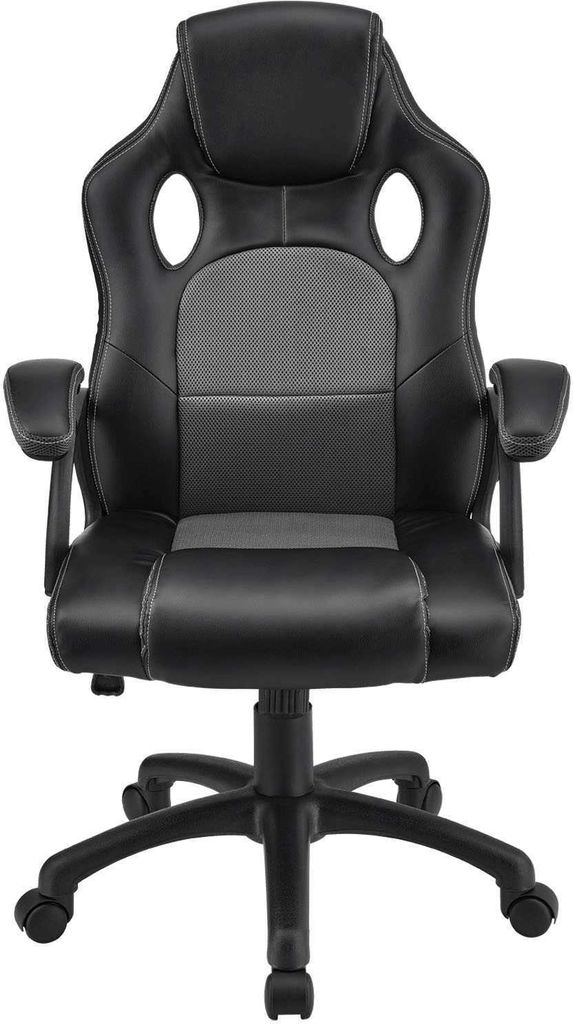 A black and gray gaming chair is shown from a front view.